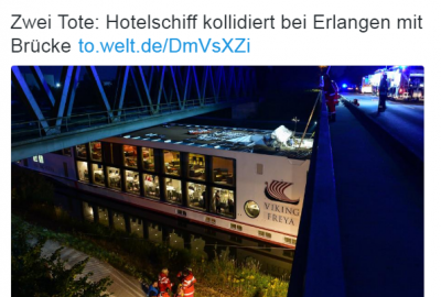 Niemcy/Pływający hotel uderzył w most, zginęło dwóch członków załogi
