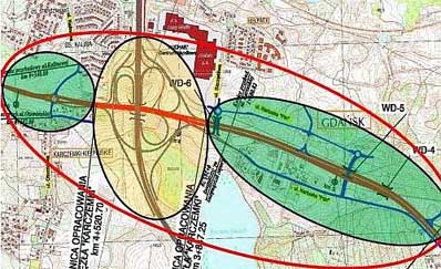 Kolorem zielonym oznaczono część Trasy W-Z realizowanej przez Miasto. Kolorem żółtym oznaczono Węzeł Karczemki realizowany przez GDDKiA.