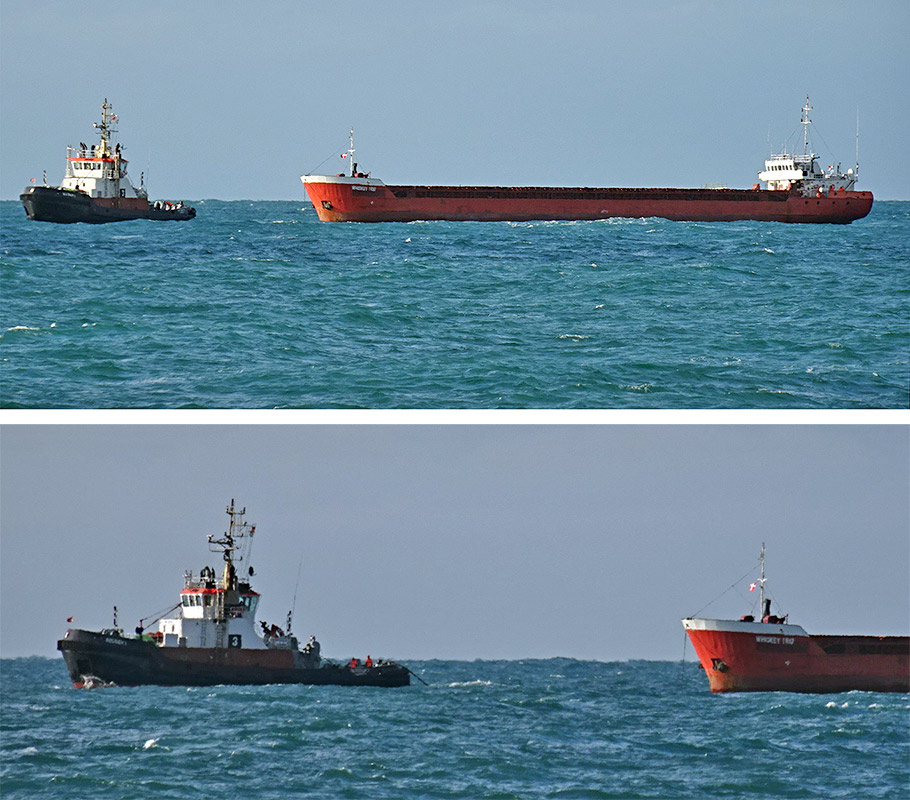 Whiskey Trio podczas podawania holu z holownika Bugsier 3 i w czasie holowania