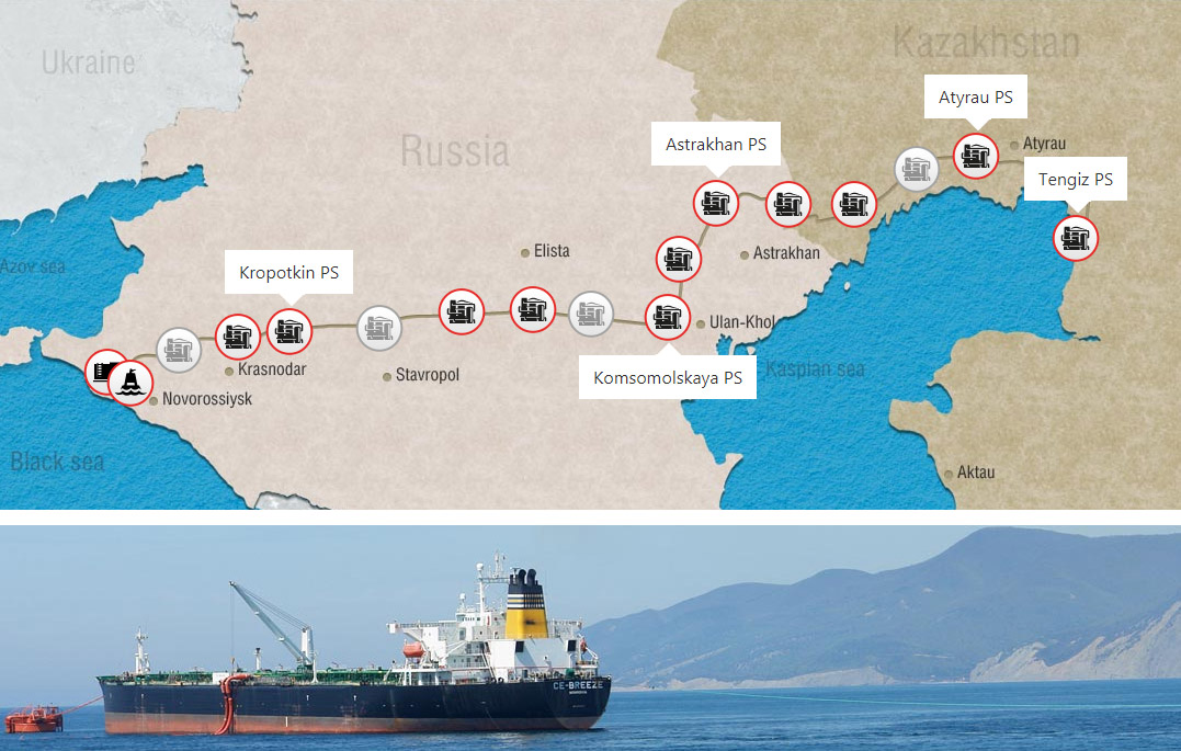 System ropociągowy CPC i zbiornikowiec przy boi przeładinkowej terminalu CPC koło Noworosyjska.