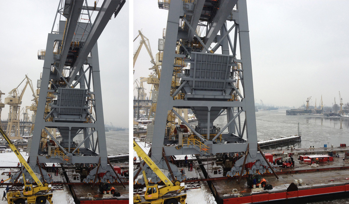 Załadunek urządzeń SUL z nabrzeża b. Stoczni Szczecińskiej na barkoponton Załadunek urządzeń SUL z nabrzeża b. Stoczni Szczecińskiej na barkoponton