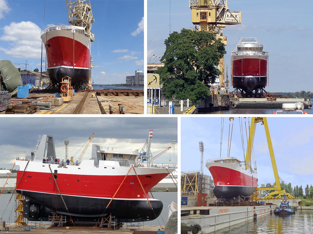 Transport i wodowanie kadłuba trawlera BF 326 (Macduff 673), zbudowanego przez Finomar
