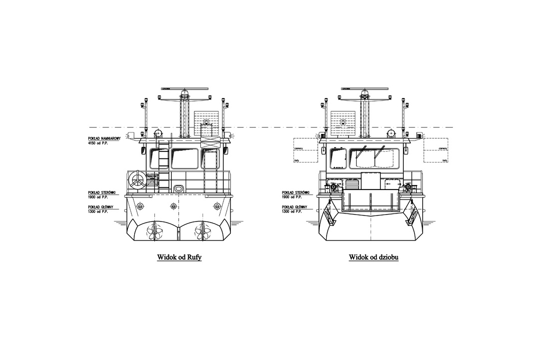 Plan ogólny statków klasy B - widok od rufy i od dziobu Plan ogólny statków klasy B - widok od rufy i od dziobu
