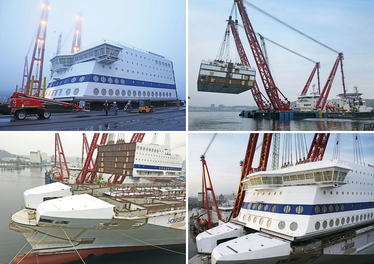 Prom Honfleur - stocznia FSG, montaż bloków nadbudówki zbudowanych w Polsce