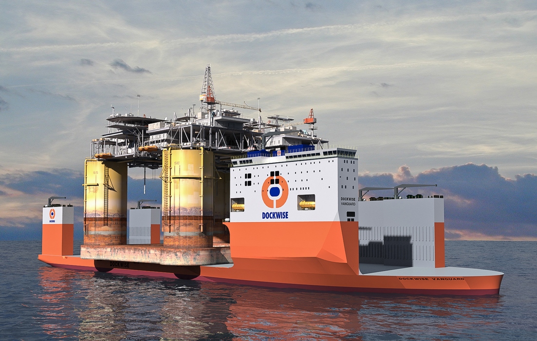 Dockwise Vanguard z platformą półzanurzalną TLP na pokładzie - renderyzacja komputerowa