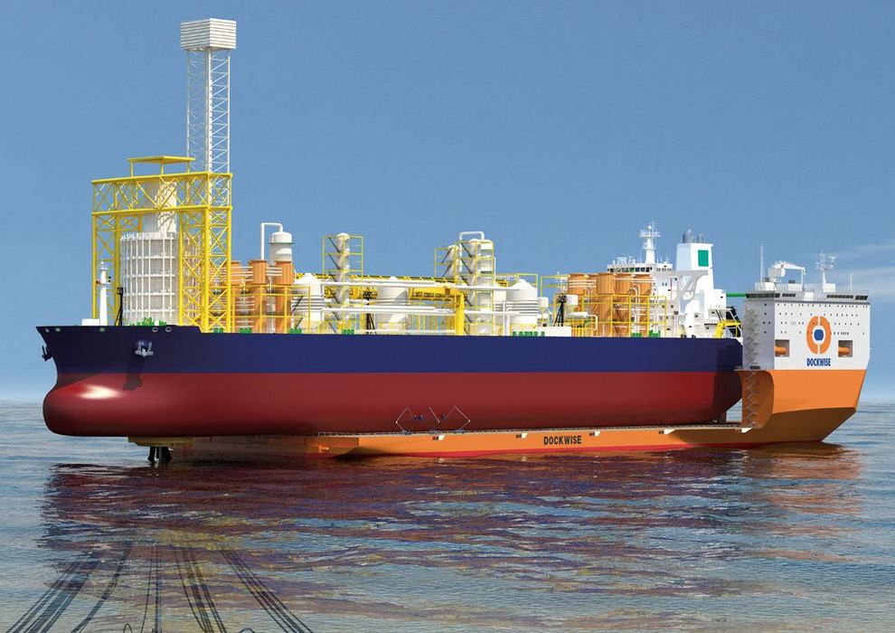 Dzięki Dockwise Vanguard możliwe będą dokowania i remonty jednostek FPSO na miejscu ich pracy bez jej długotrwałego przerywania  - renderyzacja komputerowa