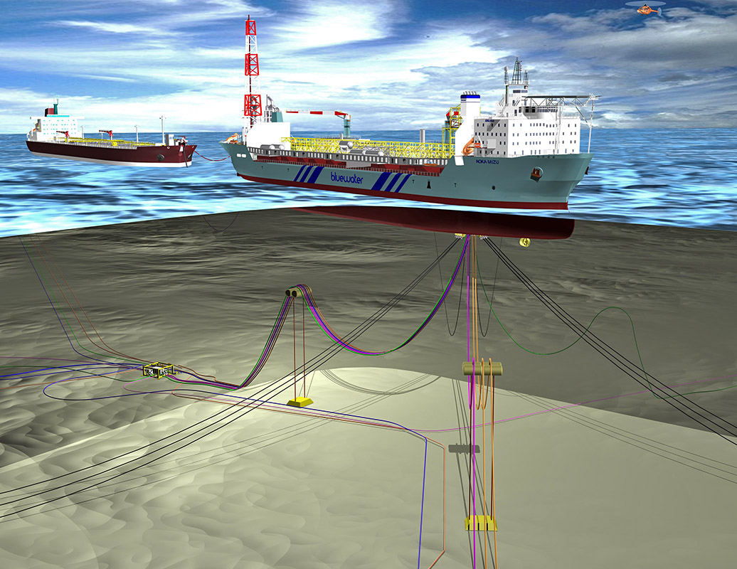 FPSO Aoka Mizu - konfiguracja systemu wydobywczego i kotwiczącego - renderyzacja komputerowa