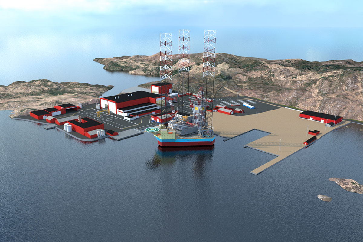Platforma samopodnośna Maersk Inspirer w miejscu obecnego remontu w Egersund - wizualizacja.