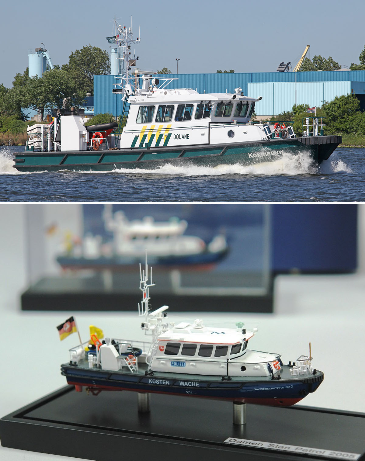 Wcześniej zbudowane jednostki typu Damen Stan Patrol 2005 - łódź holenderskich służb celnych i model łodzi dla niemieckiej policji