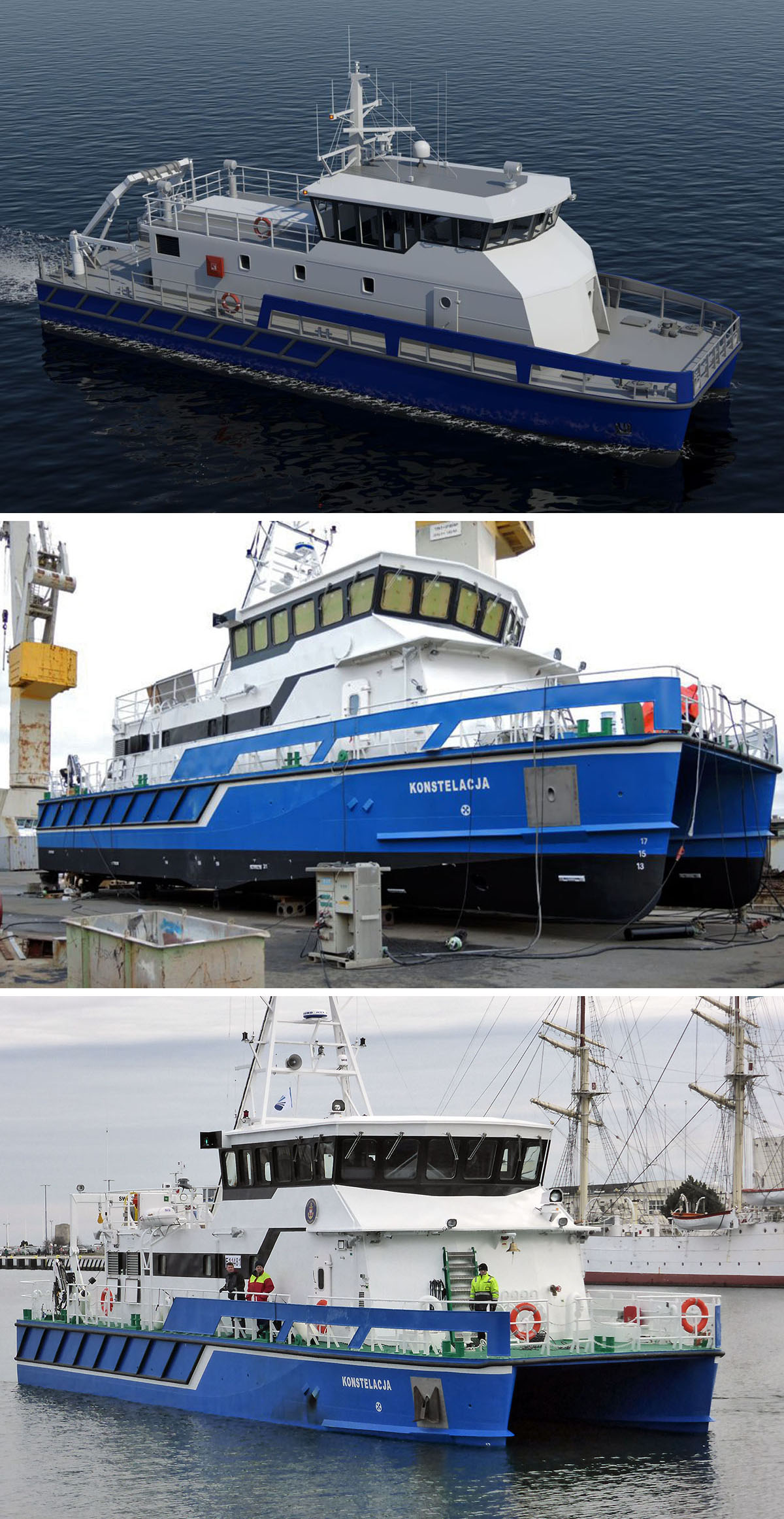 Konstelacja - wczesna wizualizacja projektu, statek przed wodowaniem, przybycie do Gdyni