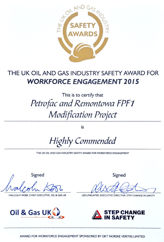 Dyplom wyróżnienia UK Oil and Gas Industry Safety Awards dla Remontowej SA