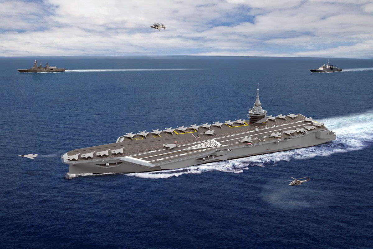 Wizualizacja przyszłego lotniskowca z napędem nuklearnym według wczesnych prac studialno-projektowych Grupy Naval