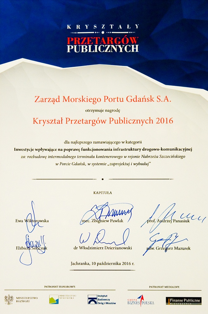 Port Gdańsk nagrodzony Kryształem Przetargów Publicznych
