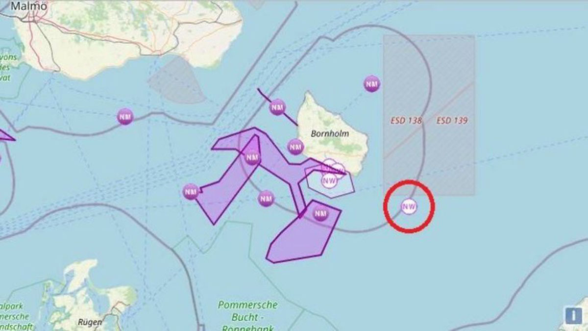 Ostrzeżenie nawigacyjne - wyciek gazu na NS2 tuż przy granicy wód terytorialnych Danii wokół Bornholmu