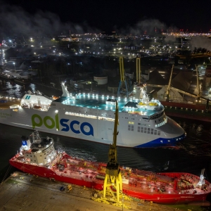 Powrót promu NB101 do stoczni po 12 dniach prób morskich w piątek 26 września. Fot.: Maciej Bielesz/PortalMorski.pl