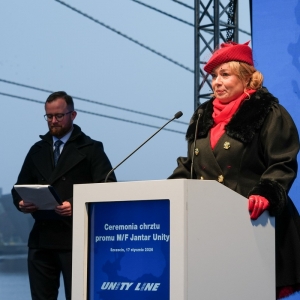 Uroczysty chrzest promu Jantar Unity w Szczecinie. 