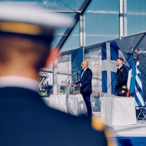 Minister obrony narodowej Grecji Nikos Dendias. Fot. Lucille Pellerin