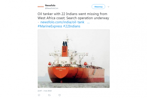 MSZ Indii: Zaginął tankowiec z 22-osobową załogą
