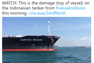 Zderzenie tankowca z pogłębiarką u wybrzeży Singapuru [VIDEO]