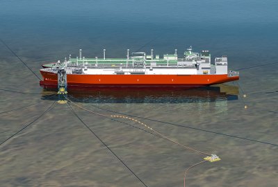 Jednostka FSRU Excelerate Energy - terminal offshore z zacumowanym przy nim gazowcem - wizualizacja Gaz-System wybrał projektanta dla