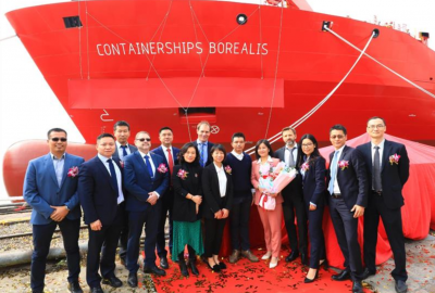 Ceremonia chrztu Containerships Borealis (Fot.: CMA CGM / Twitter) Containerships Borealis kończy dziewiczy rejs