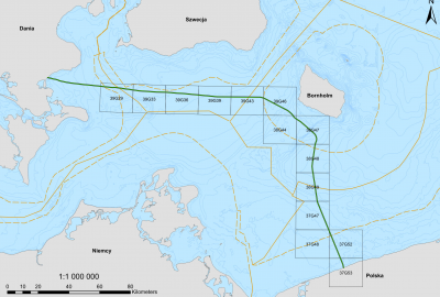 Przebieg gazociągu podmorskiego Baltic Pipe w kwadratach statystycznych ICES Komunikat dla armatorów rybackich