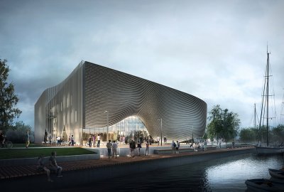 Projektu nowego Muzeum. Widok z zewnątrz. Autor: plus3-architekci Rozpoczyna się II etap budowy Muzeum Archeologii Podwodnej i Rybołówstwa Bałtyckiego w ...
