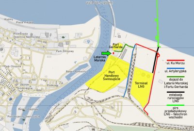 Rys.: Wikimapia (CC) / opracowanie: PBS (PortalMorski.pl) Świnoujście: Porozumienie z Gaz-Systemem ws. dostępu do atrakcji turystycznych