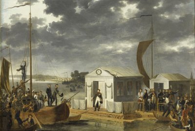 Ilustr.: Wikipedia Polska na Morzu: Spotkanie Napoleona I i cara Aleksandra I na Niemnie. 25 czerwca 1807