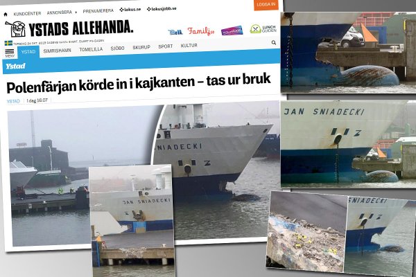 Prom Jan Śniadecki uderzył dziobem w pirs w szwedzkim porcie Ystad