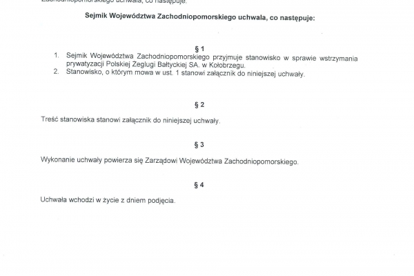 Projekt uchwały Sejmiku Województwa Zachodniopomorskiego w sprawie wstrzymania prywatyz...