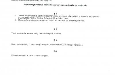 Projekt uchwały Sejmiku Województwa Zachodniopomorskiego w sprawie wstrzymania prywatyz...